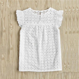 Dotfashion Buttoned Keyhole Flutter Sleeve Blouses Cap Sleeve Blouses With Ruffle Summer Eyelet Embroidered Smock Tops
