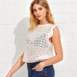Dotfashion Buttoned Keyhole Flutter Sleeve Blouses Cap Sleeve Blouses With Ruffle Summer Eyelet Embroidered Smock Tops
