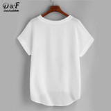 Dotfashion Brief Chiffon Blouse Women Graphic Print Short Batwing Sleeve Casual Summer Tops 2017 Fashion Elegant Dip Hem Blouse