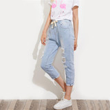Dotfashion Bleach Wash Crop Distressed Jeans 2017 Women Drawstring Waist Ripped Pants Autumn Elastic Waist Pocket Jeans