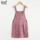 Dotfashion Bib Pocket Front Overall Short Dress 2018 Pink Zip Button Pinafore Shift Dress Female Sleeveless Plain Dress