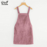 Dotfashion Bib Pocket Front Overall Short Dress 2018 Pink Zip Button Pinafore Shift Dress Female Sleeveless Plain Dress