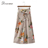 DOSOMA 2017 Women Summer Pants High Waist Lace-Up Wide Leg Pants Causal Floral Print Striped Calf-Length Pants Trousers Women