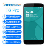 Doogee T6 Pro Mobile Phone 4G LTE 5.5 Inch HD 1280x720 Mtk6753 Octa Core Android 6.0 3GB RAM 32GB ROM 13MP 6250mAh Quick Charger