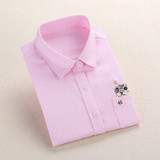 Dioufond Women School Shirt White Blue Tops Ladies Blouses Long Sleeve Shirt Female Office Top Pocket With Cat Embroidery