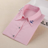 Dioufond Women School Shirt White Blue Tops Ladies Blouses Long Sleeve Shirt Female Office Top Pocket With Cat Embroidery