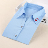 Dioufond Women School Shirt White Blue Tops Ladies Blouses Long Sleeve Shirt Female Office Top Pocket With Cat Embroidery