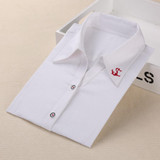 Dioufond Women School Shirt White Blue Tops Ladies Blouses Long Sleeve Shirt Female Office Top Pocket With Cat Embroidery
