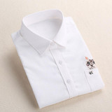 Dioufond Women School Shirt White Blue Tops Ladies Blouses Long Sleeve Shirt Female Office Top Pocket With Cat Embroidery