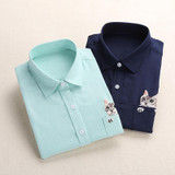 Dioufond Women School Shirt White Blue Tops Ladies Blouses Long Sleeve Shirt Female Office Top Pocket With Cat Embroidery