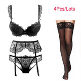 Varsbaby Gather sexy adjustment push up bra set 4 piece bra+panties+garter+stockings