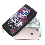 TZECHO Women Wallets Long Zipper Wallet for Women With Phone PU Walet Skull Head Ladies Clutch Purses Rfid Credit Cards Holder