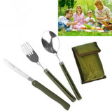 3pcs/set Multi-function Stainless Steel Army Green Folding Cutlery Set with Pouch Cooking Survival Camping Picnic Tableware