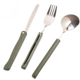 3pcs/set Multi-function Stainless Steel Army Green Folding Cutlery Set with Pouch Cooking Survival Camping Picnic Tableware