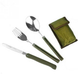 3pcs/set Multi-function Stainless Steel Army Green Folding Cutlery Set with Pouch Cooking Survival Camping Picnic Tableware
