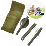 3pcs/set Multi-function Stainless Steel Army Green Folding Cutlery Set with Pouch Cooking Survival Camping Picnic Tableware