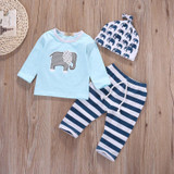 3pcs suit baby boy clothes newborn Baby Boy Girl Kids Elephant Romper +Striped pant +hat Outfits Clothing Set