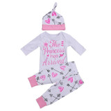 3PCS Set Newborn Clothes The Princess Has Arrived Baby Girl Long Sleeve Bodysuit Tops+Pant Legging Hat Outfit Kid Clothing 0-24M