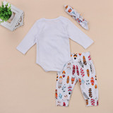 3PCS Set Newborn Baby Girl Feather Clothing Long Leeve Romper +Long Pants Hat Outfits Clothes 0-24M