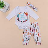 3PCS Set Newborn Baby Girl Feather Clothing Long Leeve Romper +Long Pants Hat Outfits Clothes 0-24M