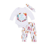 3PCS Set Newborn Baby Girl Feather Clothing Long Leeve Romper +Long Pants Hat Outfits Clothes 0-24M