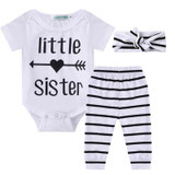 3PCS Set Newborn Baby Clothes Little Sister Print Baby Romper Bodysuit+Striped Pant Headband Outfits Children Clothing Set 0-24M