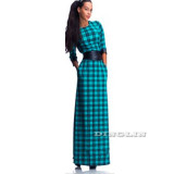 GZDL Vintage Women Plaid Print 3/4 Sleeve Dress Vestidos Casual O Neck Spring Summer Belted Evening Party Long Maxi Dress CL1965