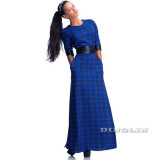 GZDL Vintage Women Plaid Print 3/4 Sleeve Dress Vestidos Casual O Neck Spring Summer Belted Evening Party Long Maxi Dress CL1965