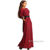 GZDL Vintage Women Plaid Print 3/4 Sleeve Dress Vestidos Casual O Neck Spring Summer Belted Evening Party Long Maxi Dress CL1965