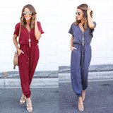GZDL Summer Stylish Casual Lady Chiffon Jumpsuit Short Sleeve V Neck Fashion Playsuit Solid Pockets Women Romper Overalls CL3470