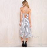 GZDL Summer Fashion Women Spaghetti Strap Chiffon Striped Playsuit Casual White Off Shoulder Backless Jumpsuits Overalls CL3454