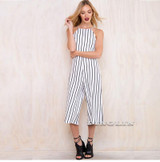 GZDL Summer Fashion Women Spaghetti Strap Chiffon Striped Playsuit Casual White Off Shoulder Backless Jumpsuits Overalls CL3454