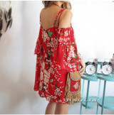 GZDL Sexy Women Summer Vintage Off Shoulder Boho Draped Dress Red Printed Backless Chiffon Beach Party Dresses Vestidos CL2912