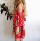 GZDL Sexy Women Summer Vintage Off Shoulder Boho Draped Dress Red Printed Backless Chiffon Beach Party Dresses Vestidos CL2912