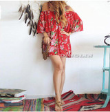 GZDL Sexy Women Summer Vintage Off Shoulder Boho Draped Dress Red Printed Backless Chiffon Beach Party Dresses Vestidos CL2912