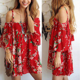 GZDL Sexy Floral Print Women Summer Beach Dress Off Shoulder Strap Casual Loose Thin Mini Chiffon Shirt Dresses Vestidos CL2912