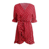 GUMPRUN Polka Dot Print Elagant Red Dress Women Sexy V Neck Ruffles Short Dresses Summer 2018 Casual Beach Dress vestidos female