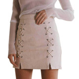 Gtpdpllt Zipper split bodycon office short skirtswomens Autumn lace up leather suede pencil skirt Winter cross high waist skirt