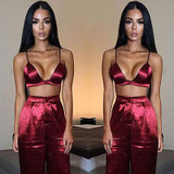 2pieces! Wine Red Fashion Spandex Bustier +Pants Fashion Women Loose Stretch High Waist Wide Leg Long Pants Palazzo Trousers
