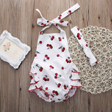 2Pcs/Set Baby Kids Girl's Sleeveless Cherry Print Playsuit Jumpsuit Rompers One-Pieces +Headband