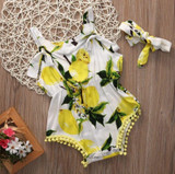 2Pcs/Set ! 2017 Newborn Baby Girl Romper Summer Sleeveless Backless Halter Sunsuit lemon Bebes Outfits Clothes