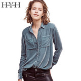 HYH HAOYIHUI Solid Blue Women Blouse Turn-down Collar Long Sleeve Single Breasted Tops Pocket Casual Slim Sexy Velvet Blouse HYH HAOYIHUI Solid Blue Women Blouse Turn-down Collar Long Sleeve Single Breasted Tops Pocket Casual Slim Sexy Velvet Blouse