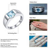 HUTANG NEW Natural Aquamarine Princess Cut Solid 925 Sterling Silver Ring Gemstone Fine Jewelry Women's Xmas Gift Black Friday