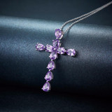 Hutang 3.3CTW Natural African Amethyst Solid 925 Sterling Silver Cross Pendant Necklace Gemstone Fine Jewelry Women's Gift