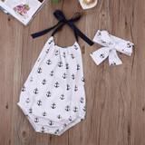 Newborn Kids Infant Baby Girl Jumpsuit Anchor Printed Bodysuit Clothes Outfit + Headband 2016
