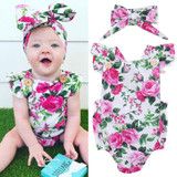 Newborn Infant Baby Girls Clothes square collar sleeveless Bodysuit Floral print Bowknot Headband 2PC cotton casual Outfit