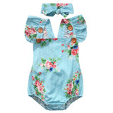 Cute ruffles Floral Romper+headband Baby Girls Floral backless Romper One-piece Sunsuit Headband Clothes Set