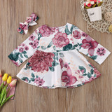 Cute Newborn Baby Girls Long Sleeve Floral Dress Headband Outfits Kids Clothes Toddler Infant Girl Flower Daily Dresses Soft