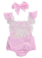 Cute Newborn Baby Girls Bodysuit Lace Floral Pink Bodysuit Jumpsuit+Headband Outfits Sunsuit Clothes