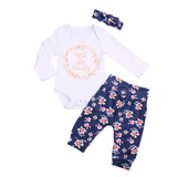 3PCS Newborn Baby Girl Clothes Set Long Sleeve Letter Print Cotton Romper Bodysuit +Floral Long Pant Headband Outfit Bebek Giyim